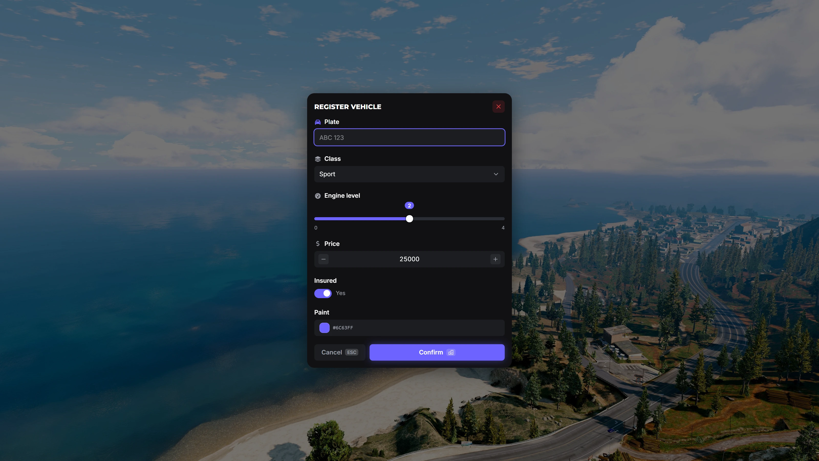 FiveM UI input form with validation fields