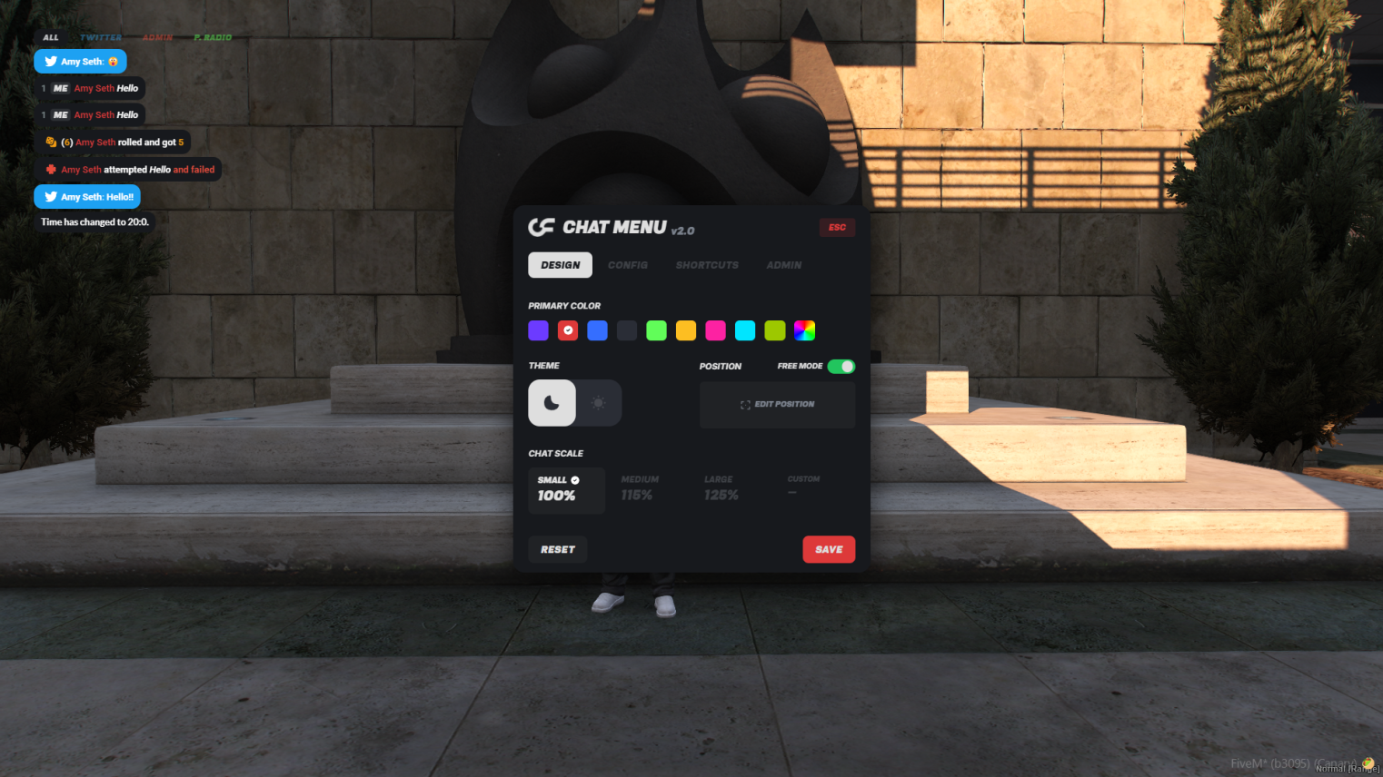 Overflow Chat settings panel in FiveM showing theme, position, and 3D chat toggle options for players