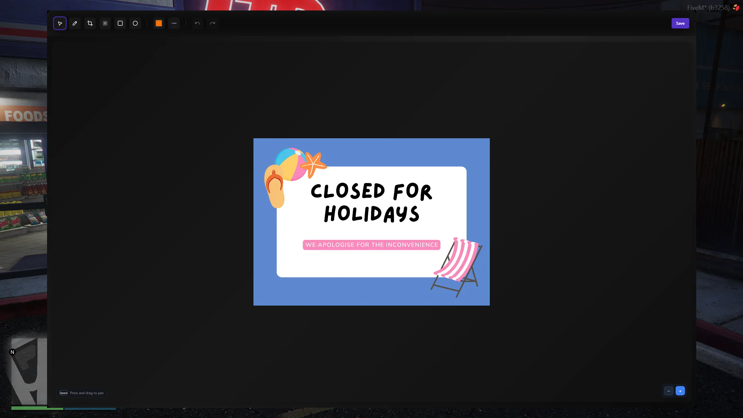 Overflow FiveM whiteboard script built-in image editor showing drawing tools, text layers and shape controls for creating custom in-game posters