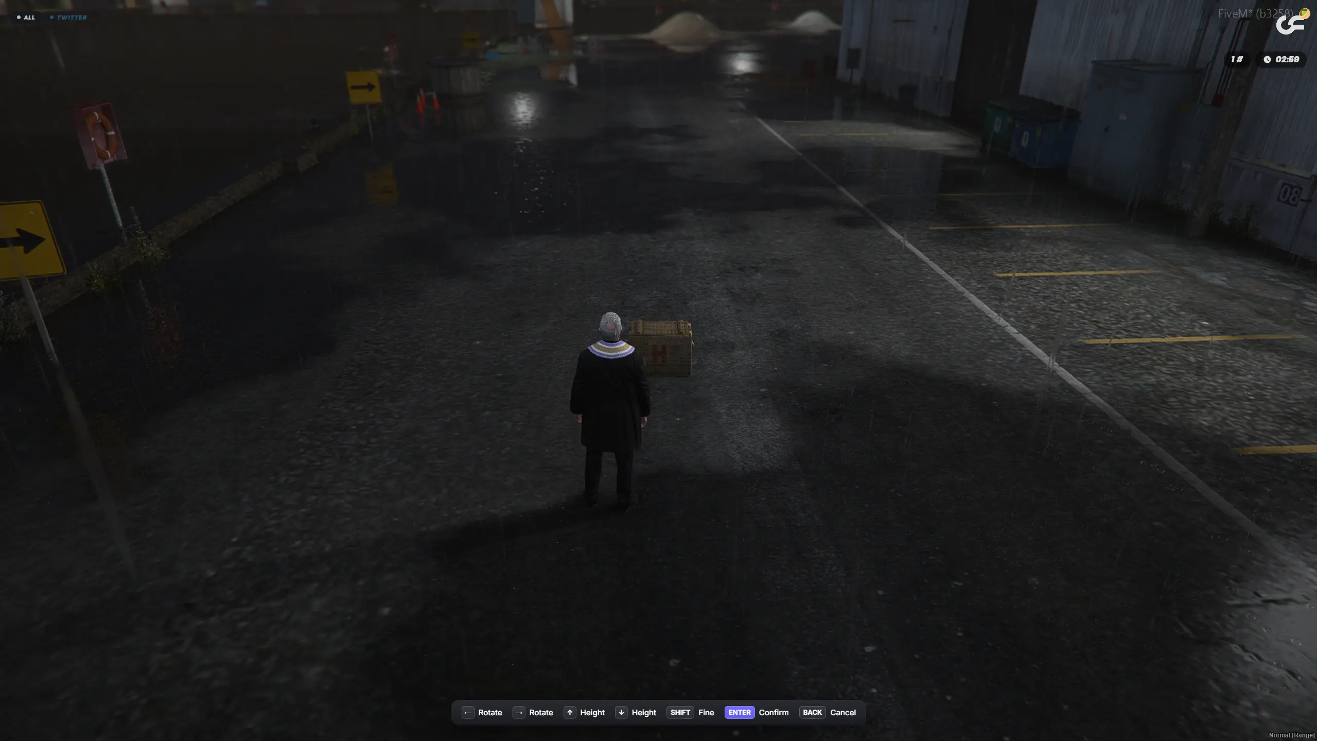 Placing a storage crate in FiveM with rotate, height and fine adjustment controls before confirming