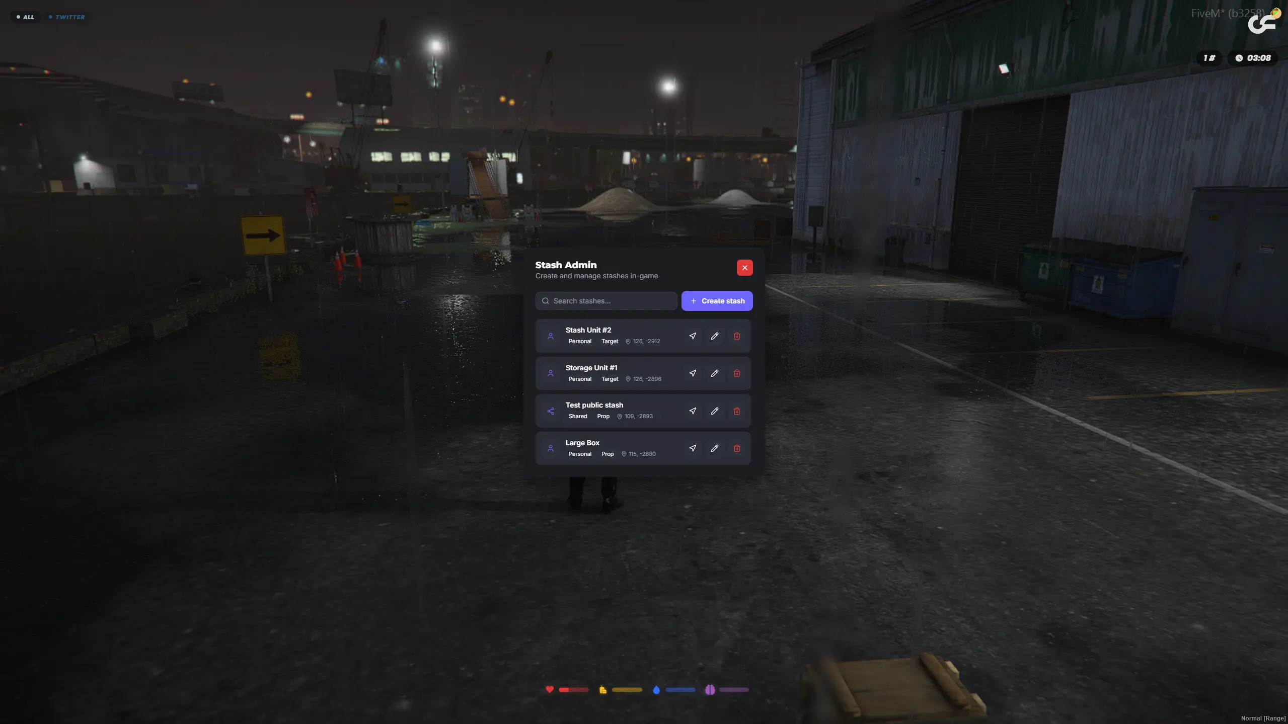Stash Admin panel in the free FiveM Stash Creator listing personal and shared stashes with coordinates and edit controls
