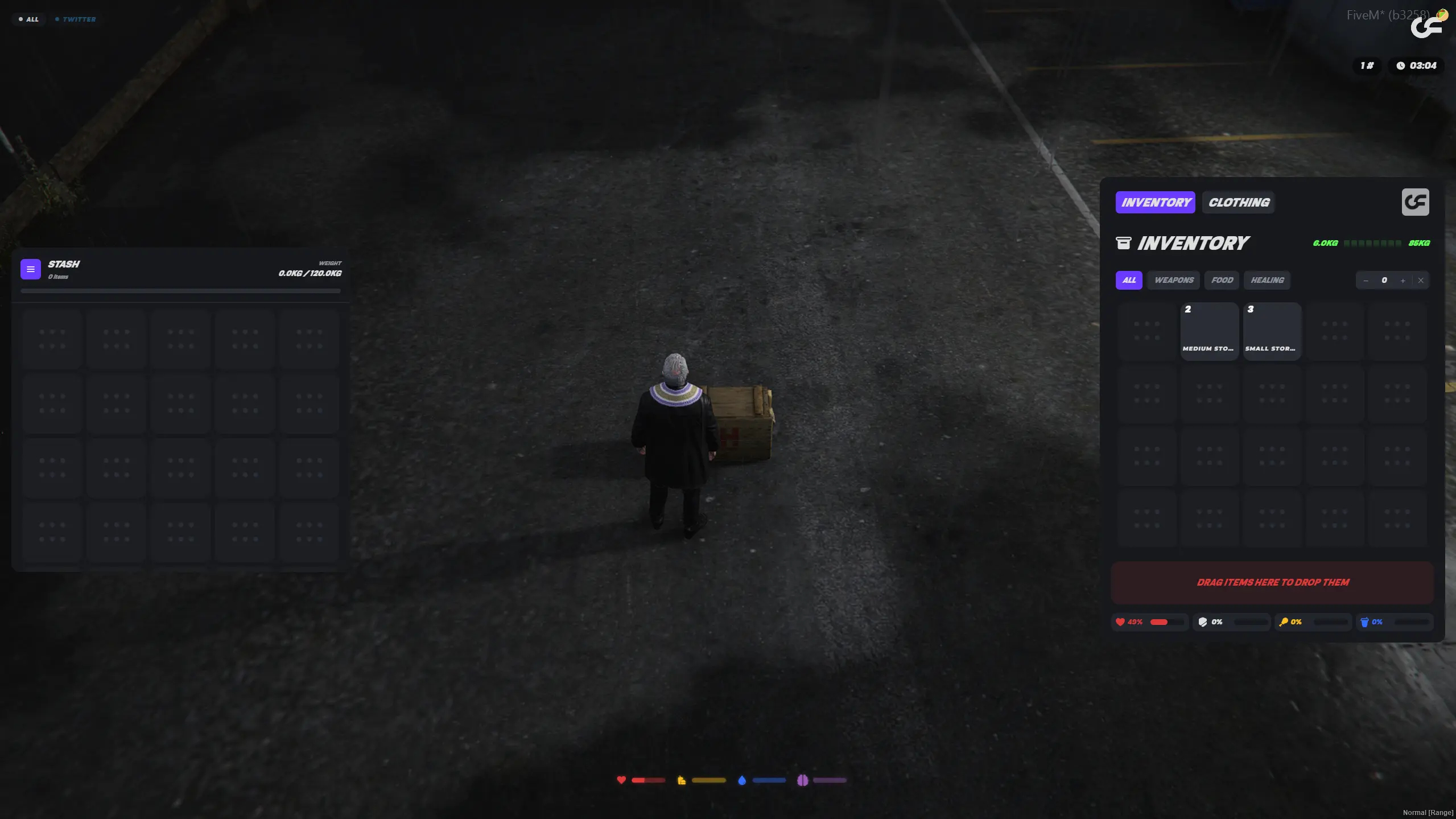 A FiveM stash open in ox_inventory next to the player inventory, showing weight limit and storage crate items