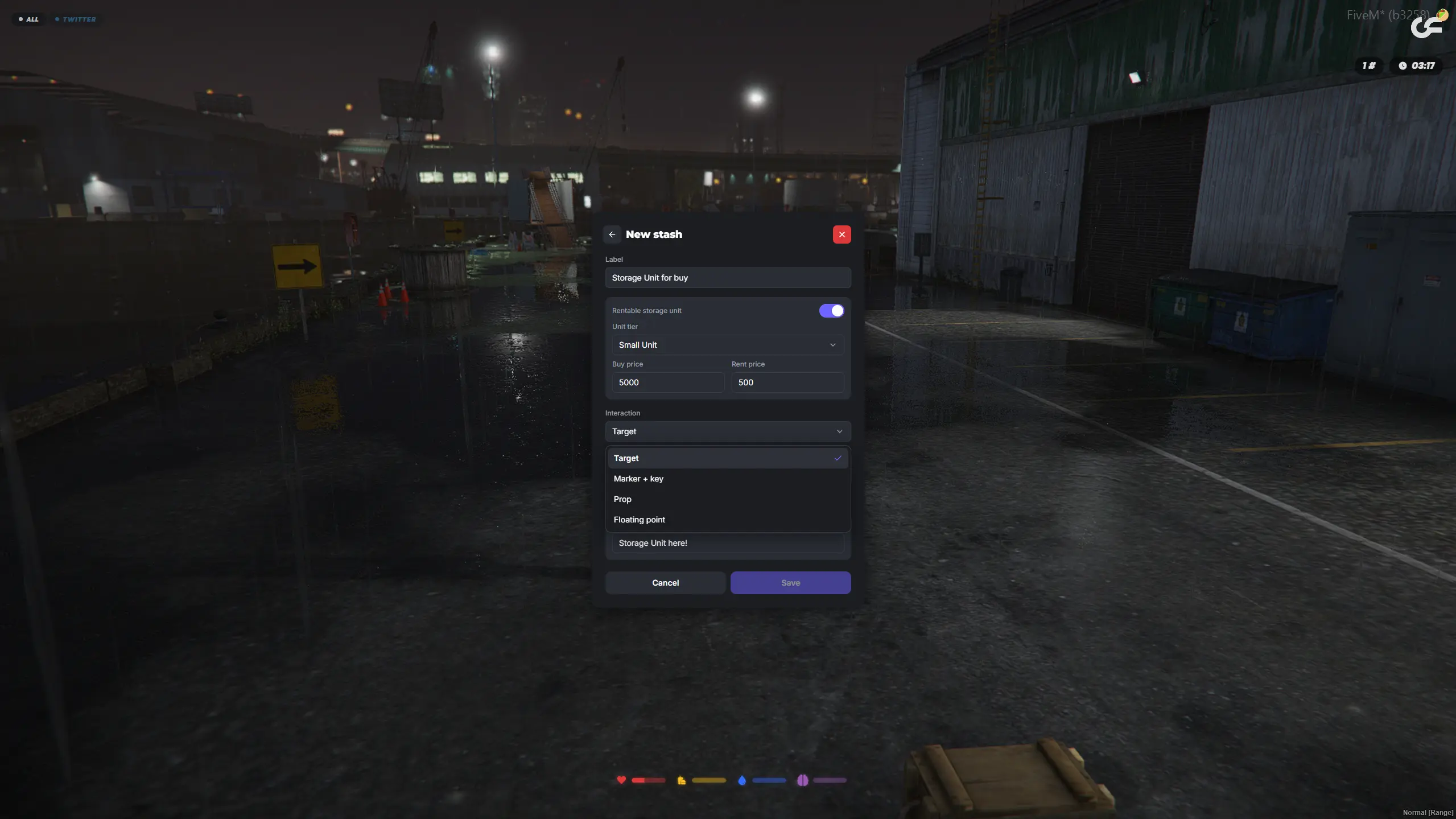 Rentable storage unit setup in the FiveM Stash Creator with unit tier, buy price, rent price and interaction type