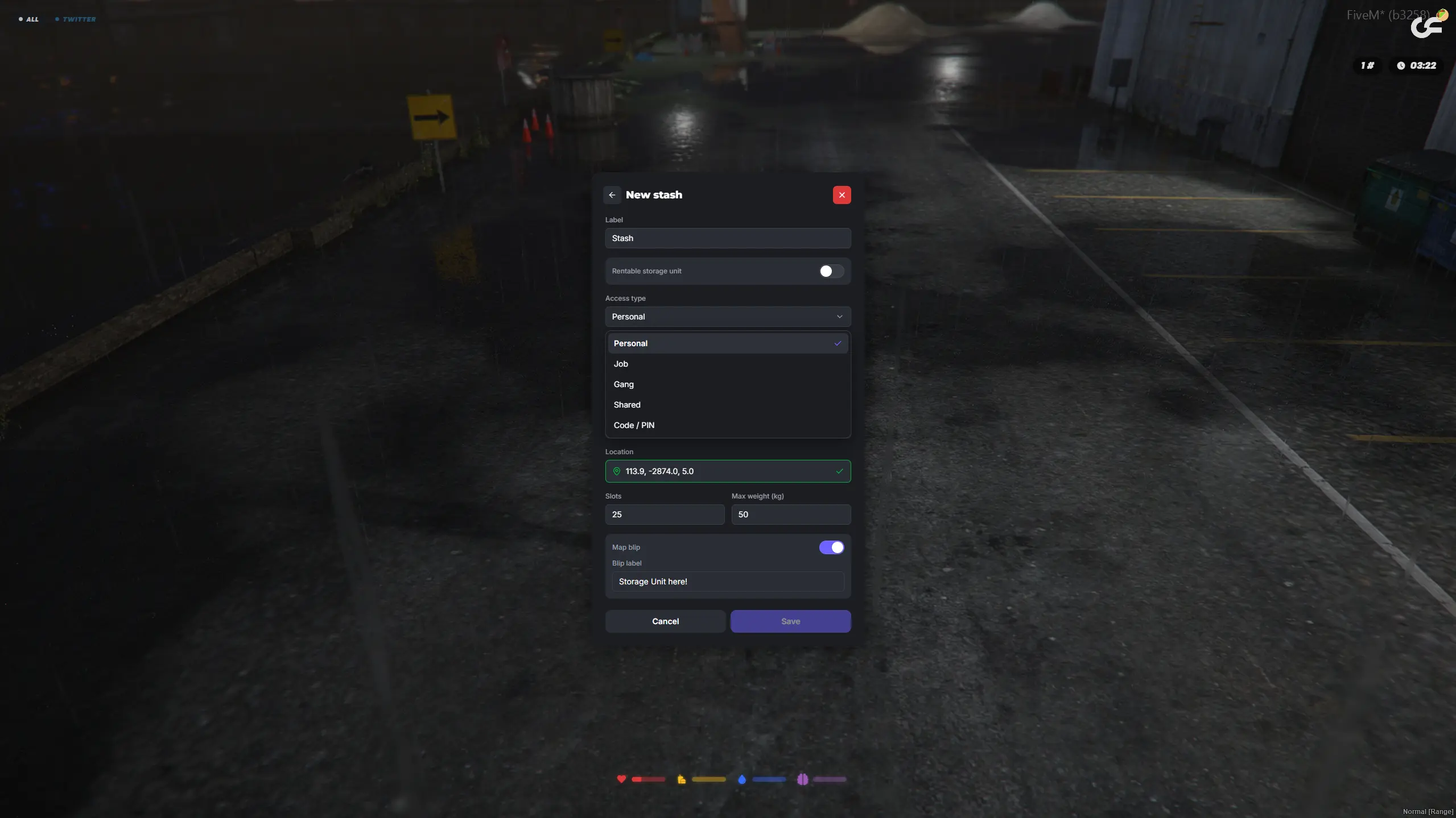 Creating a stash in the free FiveM Stash Creator with access type, slots, max weight and map blip options
