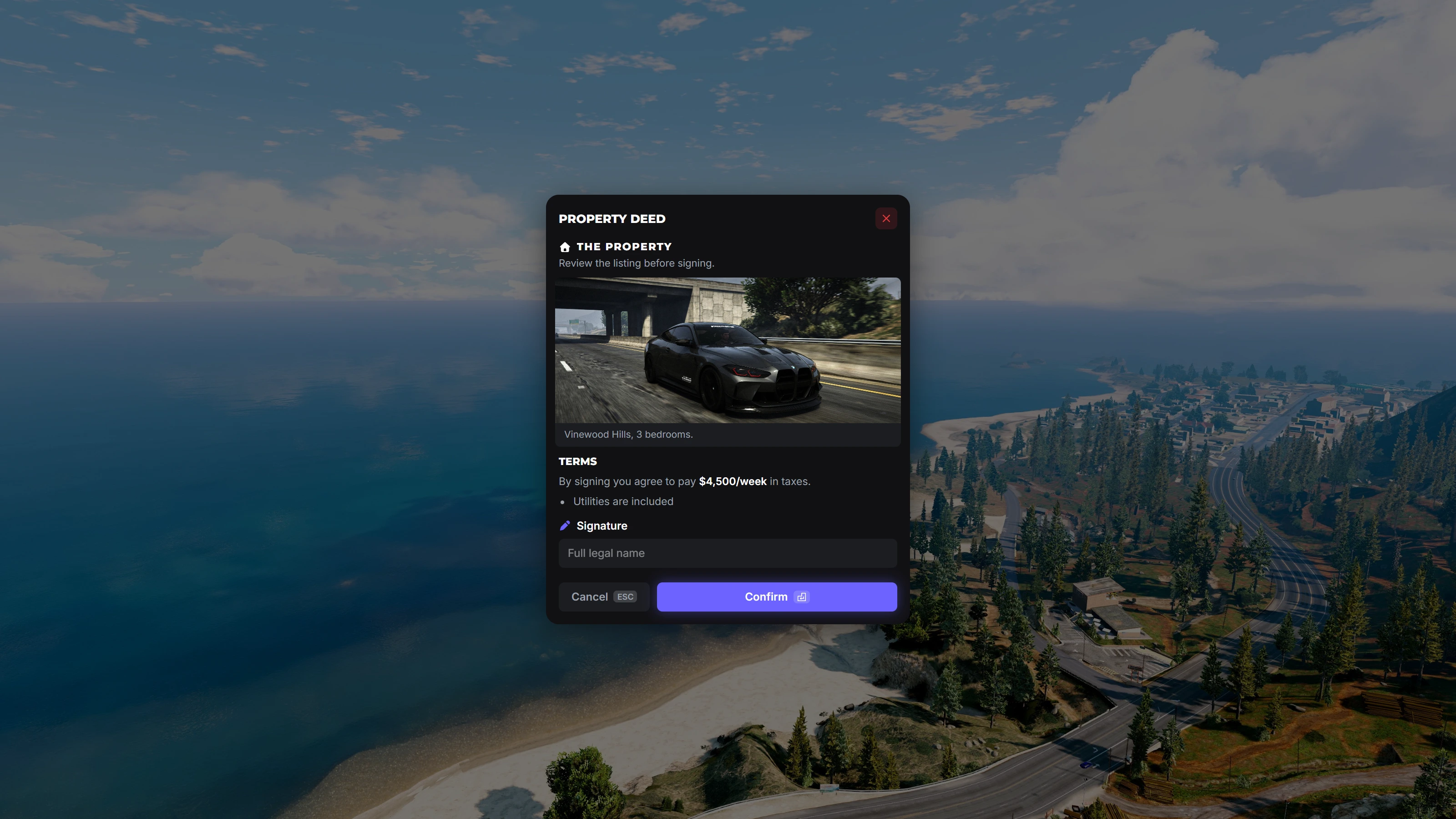 Rich alert dialog in the Overflow FiveM UI kit showing an embedded image, terms, bullet list and signature input