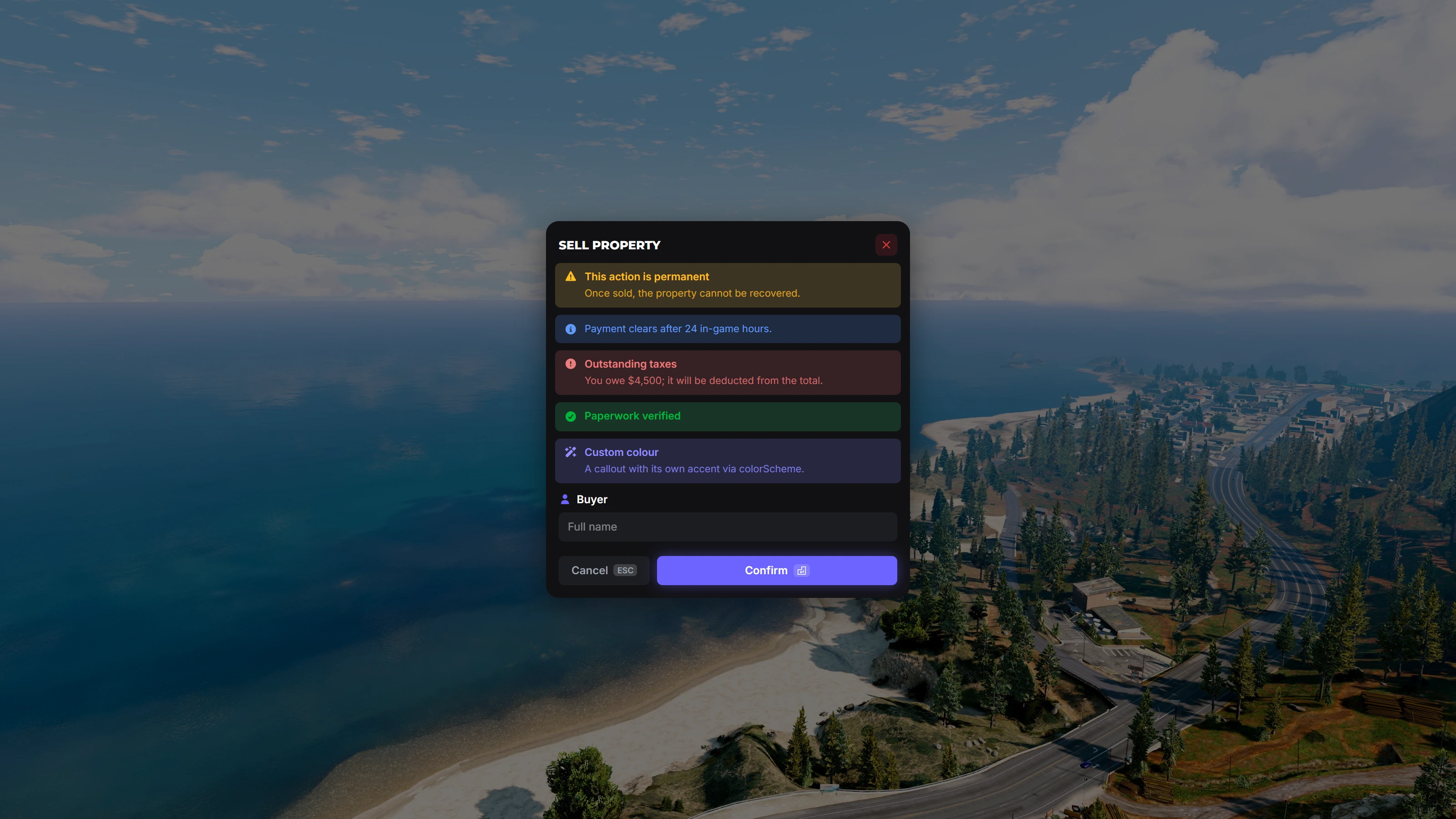 Colour coded callouts in the Overflow FiveM UI kit showing warning, info, error, success and custom accent variants