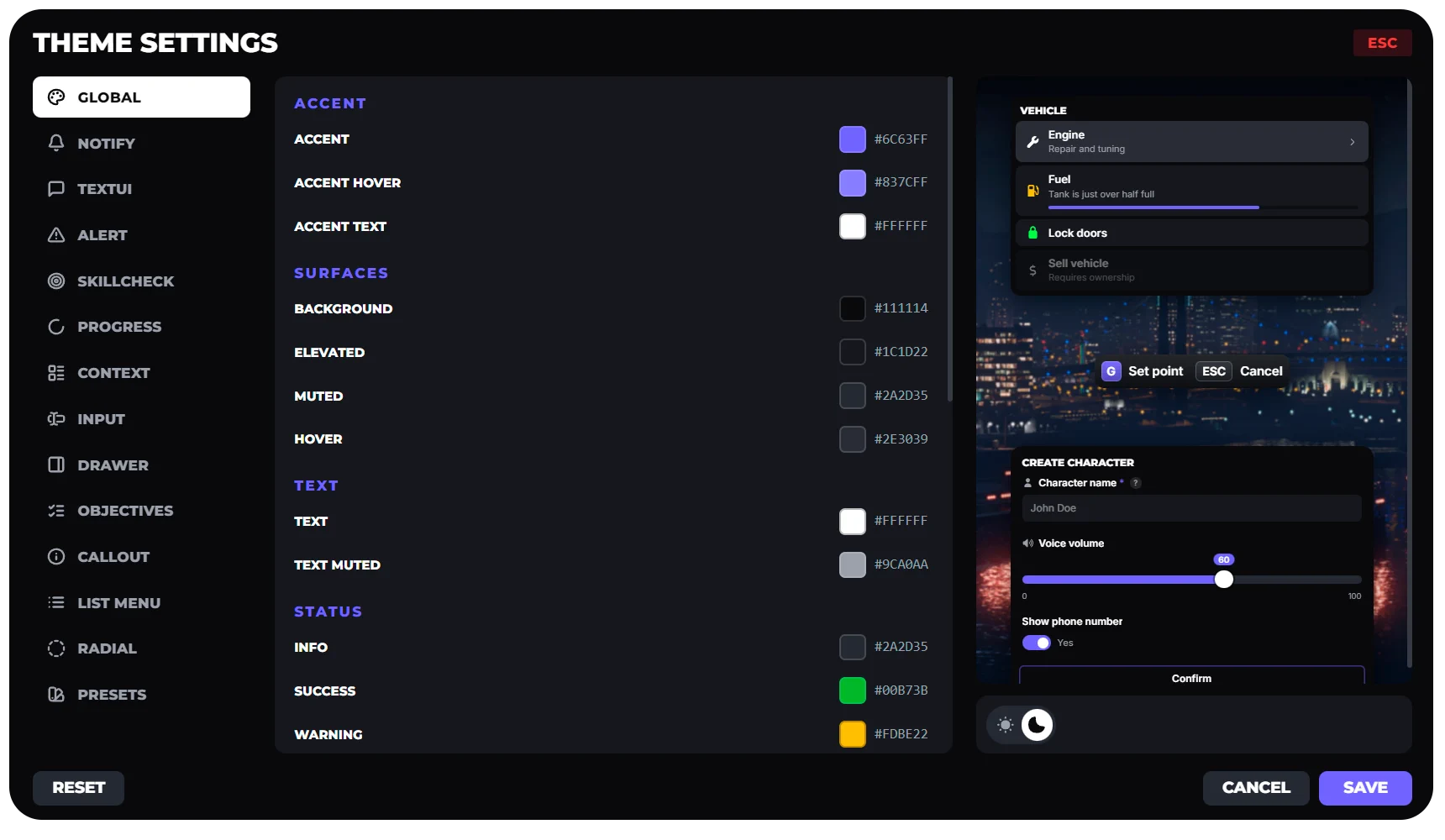 The in-game theme editor of the Overflow FiveM UI kit, showing the fourteen component sections, colour tokens with hex values and a live preview